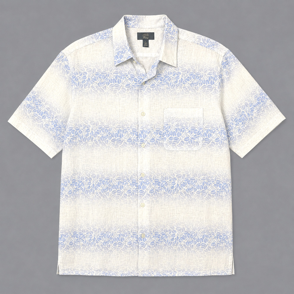 Club Room Luxury Linen Button Up Shirt Mens L Beige Blue Floral Summer Beach
